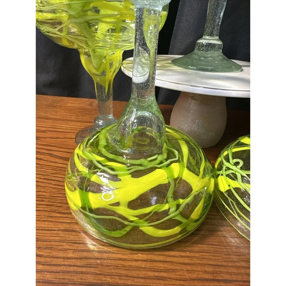 4 Margarita Glasses Hand Blown Recycled Mexican Yellow & Green Drizzle 6.5 